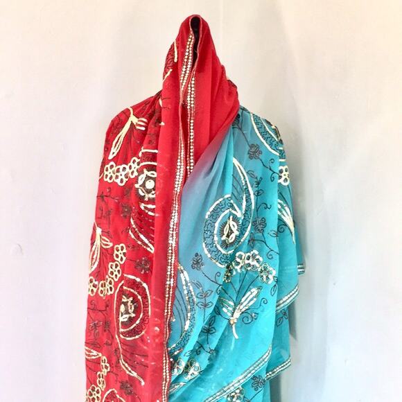 Sari fabric sequins embellished turquoise red EUC - Picture 4 of 8